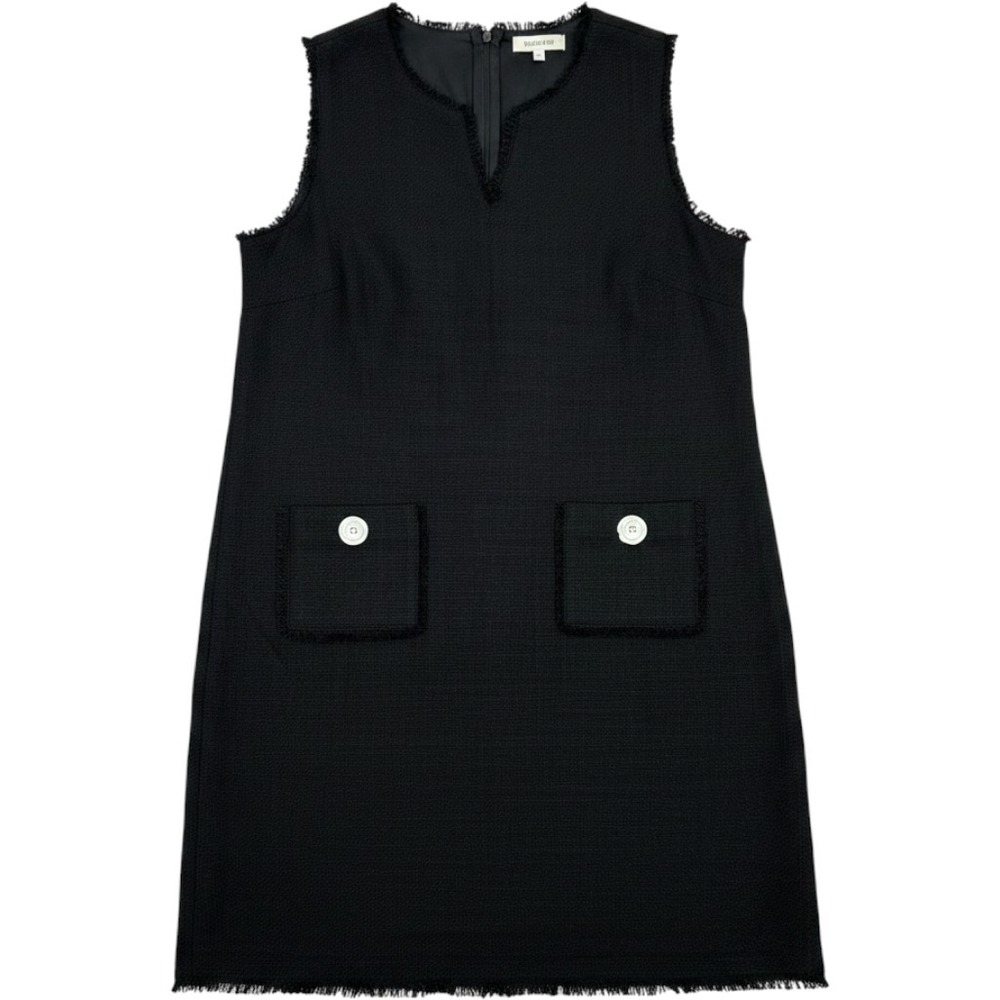 Karl Lagerfeld Paris Tweed Shift Dress Womens 14W Black Fringe Floral Button NEW